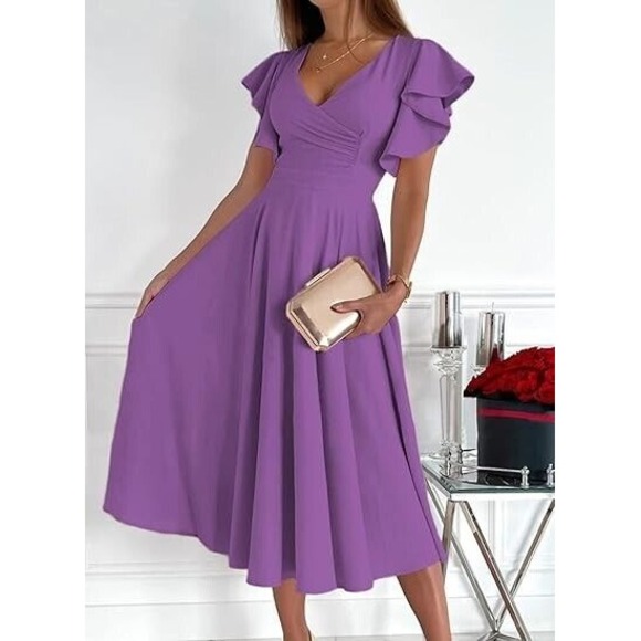 Dokotoo Women's V Neck Elegant Party Dress Short Sleeve Purple Dress Sz‎ XL - Picture 2 of 9